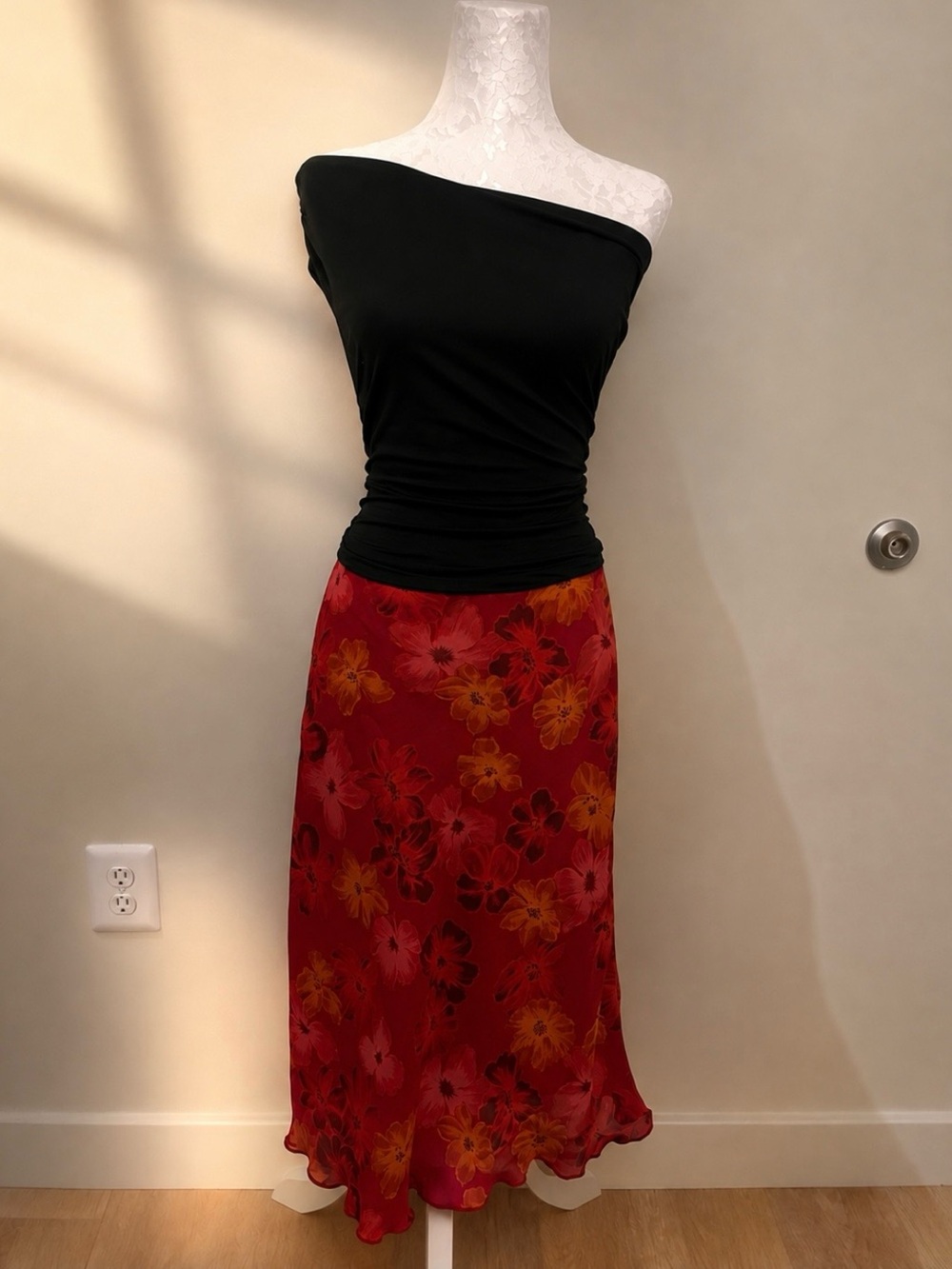 Floral Red Midi Slip Skirt